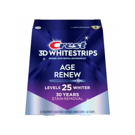 Set of 21x Teeth Whitening Strips, Crest, 3D White, Age Renew, 14% Concentration, 21-day Treatment, 60 min, Whitening Level 25