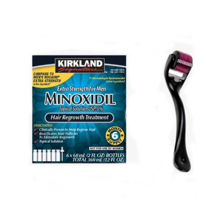 Kirkland Minoxidil 5% Extra Strength Men's Hair Solution, 360 ml, Dermaroller, Pipette
