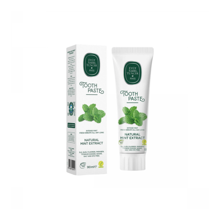 Toothpaste with natural mint extract, 90 ml, Eyup Sabri Tuncer Properties: - its special formula based on the complex of natural active extracts, prevents cavities, keeps teeth and gums clean and healthy and at the same time helps restore the natural whiteness of teeth; - the natural Mint extract cleans without damaging tooth enamel, and its pleasant and unique taste ensures long-lasting fresh breath; - Eucalyptus extract ensures oral hygiene and helps prevent dental plaque, tartar and cavities; - natural Mint and Menthol oil prevents unpleasant breath and provides an intense feeling of freshness for a long time; - contains 100% natural active extracts; - does not contain sugar, SLS/SLES, fluoride, parabens, titanium dioxide, gluten, dyes or salt; - holds the V-LABEL certificate granted by the European Vegan and Vegetarian Association, does not contain animal ingredients in the composition; - validity: 12 months from the date of opening. How to use: Brush thoroughly with toothpaste with natural Mint extract at least 2 times a day, or whenever needed to support the health of teeth and gums. Toothpaste with natural Mint extract is suitable for daily use. Try not to swallow and rinse well after brushing. Ingredients: Sorbitol, Aqua, Hydrated Silica, Glycerin, Xylitol, Disodium Phosphate, Polysorbate 20, Cocamidopropyl Betaine, Aroma, Xanthan Gum, Menthol, Eucalyptus Globulus Leaf Oil, Rebaudioside A, Mentha Piperita Oil, Phenylpropanol, Propanediol, Caprylyl Glycol, Thymol, Tocopherol, Limonene. Precautions: Store at room temperature. Keep out of reach of children. Avoid contact with eyes. Close the cap after each use to protect the toothpaste from moisture. The toothpaste may change color over time as it contains natural ingredients. Presentation: 90 ml